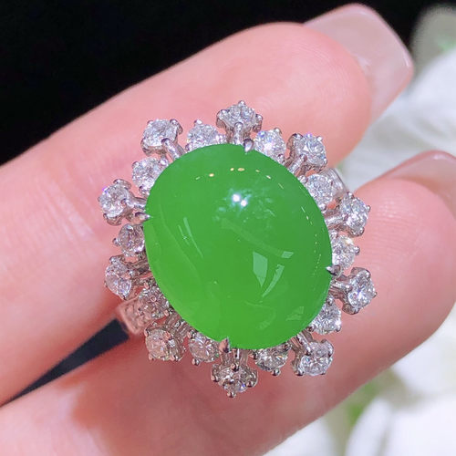 翠秦之皇冰阳绿蛋面戒指 18k金镶嵌天然缅甸翡翠A货水润细腻种老