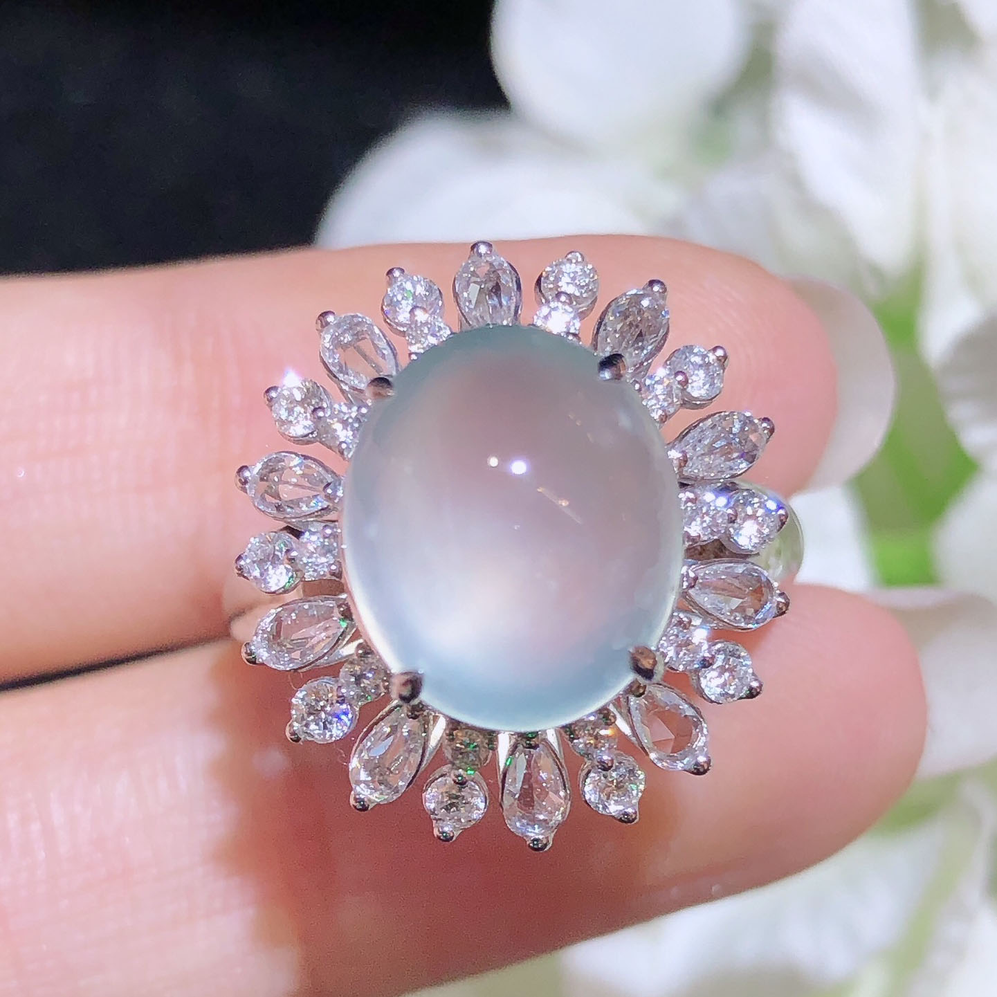 翠秦之皇冰白冰蛋面戒指 18k金镶嵌天然翡翠A货高档礼物收藏