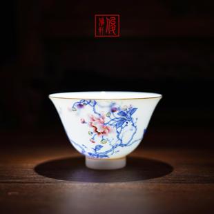 薄胎 景德镇手绘陶瓷茶器单杯青花斗彩·海棠 主人杯