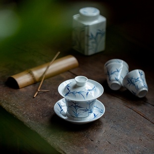 手绘蓝竹三才盖碗手工薄胎陶瓷泡茶碗带底托家用功夫茶具泡茶器