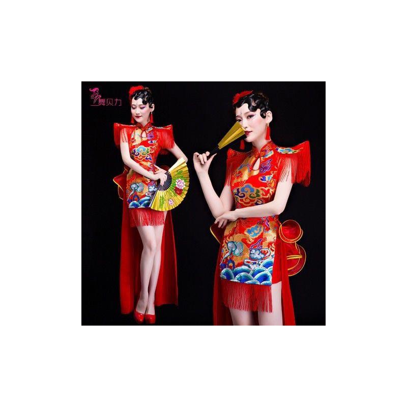 韩式成人服装新款中国风舞蹈服腰鼓水鼓演出服打鼓女开场旗袍表演
