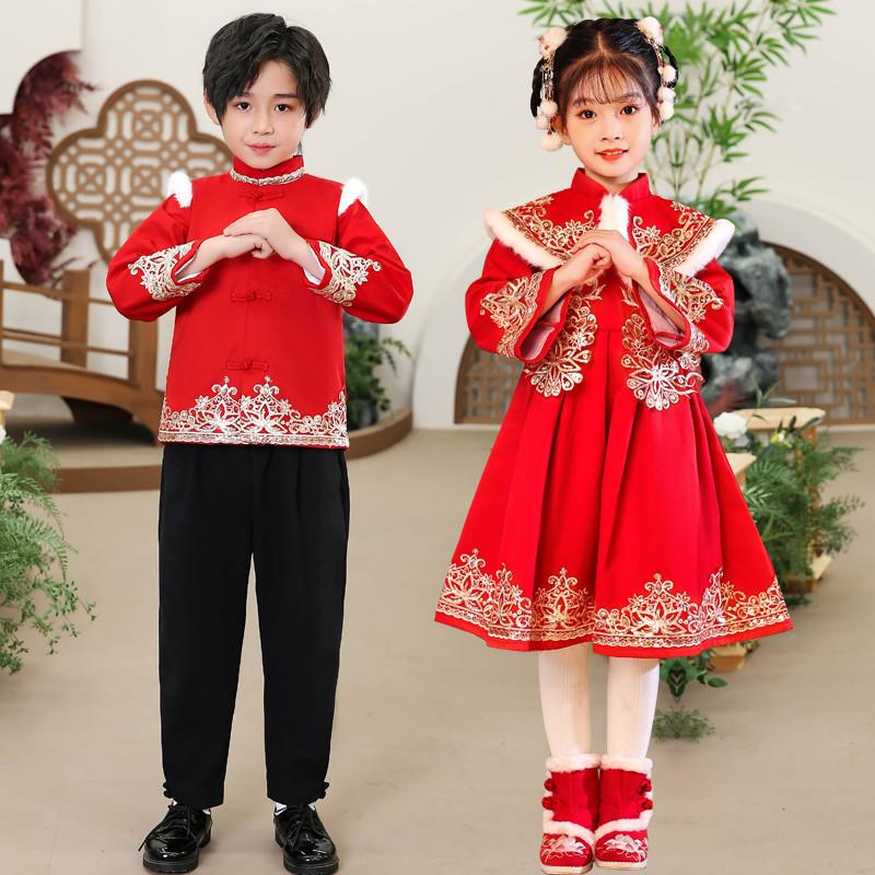 韩式礼服汉服拜年风加绒唐装冬装宝宝中国服周岁儿童女童过年新年