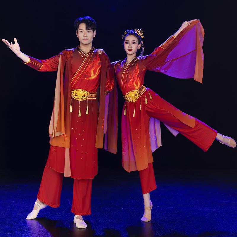 韩式新款男女舞蹈威风锣鼓开场舞服装红