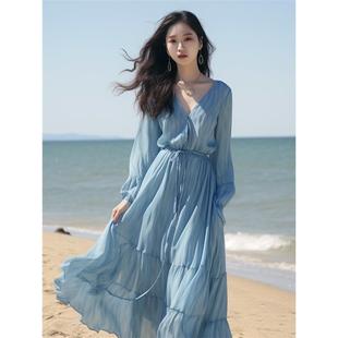 海边超仙长袖 夏季 度假女神拍照旅游三亚气质连衣裙泰国蓝色沙滩裙
