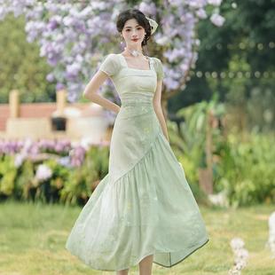 超好看独特漂亮绿色碎花连衣裙夏日绝美超仙女海边度假沙滩长裙子
