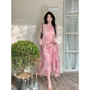 海边拍照气质绝美沙滩裙超仙长裙子 粉色扎染挂脖度假连衣裙女夏季