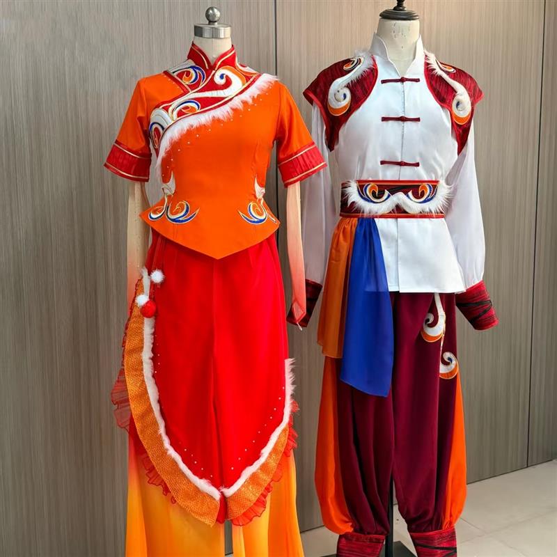 韩式新款男女秧歌庆演打服龙狮舞鼓舞红色醒狮舞台表演服扇绸舞出