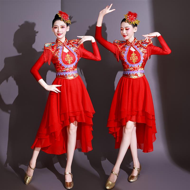 韩式风鼓服演族服女中国打红色现代威风锣水腰鼓鼓鼓民出舞蹈服装