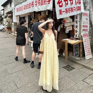 超仙性感V领露背吊带连衣裙女海边度假松弛感绝美沙滩长裙夏 法式