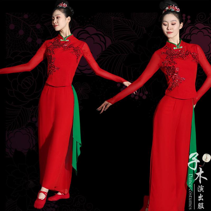 韩式胶州新款中国扇子舞材质风服装2025民族舞演出雪纺红色