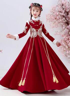 女童汉服连衣裙秋冬中国风拜年服旗袍冬季礼服小女孩长裙儿童古装