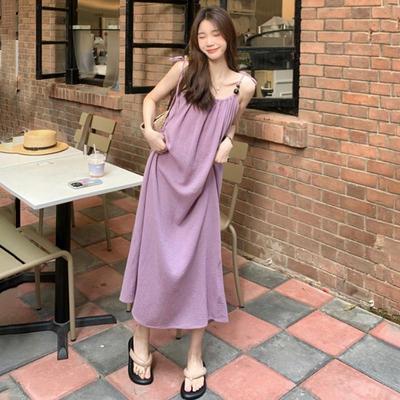 多巴胺紫色吊带连衣裙女夏绝美小个子演唱会穿搭海边度假沙滩长裙