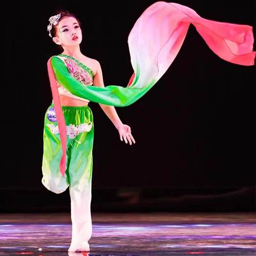 韩式舞蹈服装女单肩长袖古典中国风民族舞儿M童且吟春雨表演舞蹈