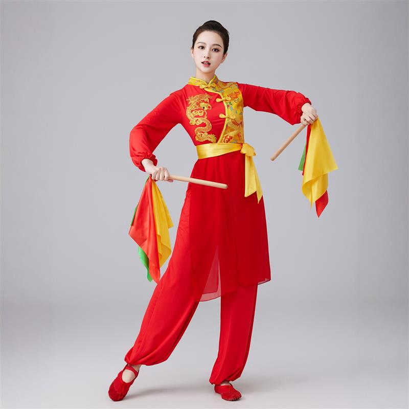 韩式打鼓服女节日庆典秧色舞庆金色龙纹刺绣红广服歌场喜腰鼓演出