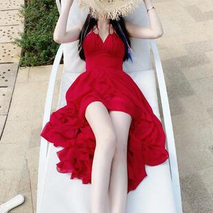 性感露背超仙燕尾沙滩裙海边度假浪漫红色连衣裙三亚拍照吊带长裙