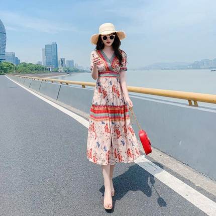 旅游拍照裙多巴胺连衣裙女夏高端三亚沙滩裙超仙绝美长裙海边度假