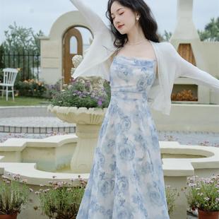 2025夏日多巴胺绝美小裙子蓝色吊带连衣裙超仙女海边度假沙滩长裙