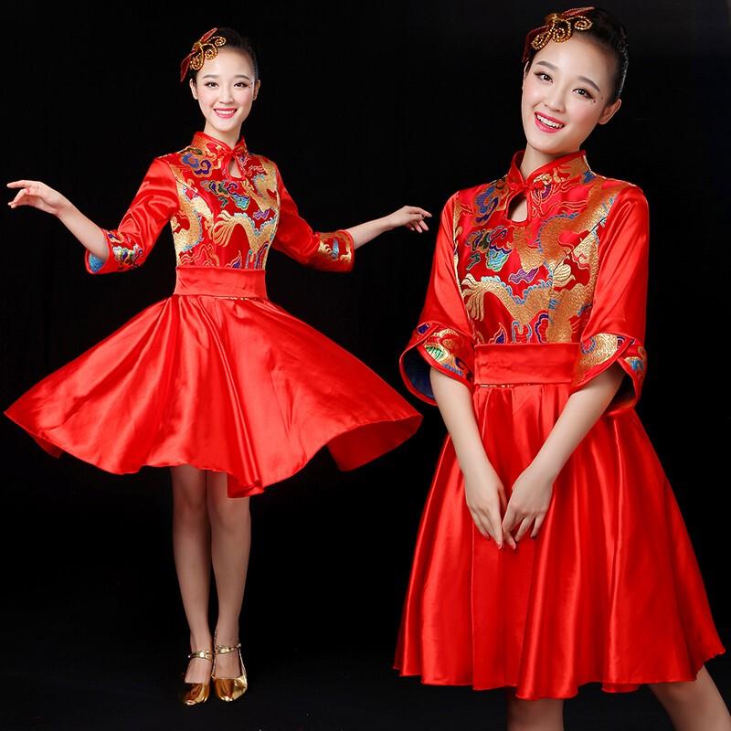 韩式威风旗袍服装女式拜年服中国风鼓打鼓快板表演腰鼓演出服舞蹈