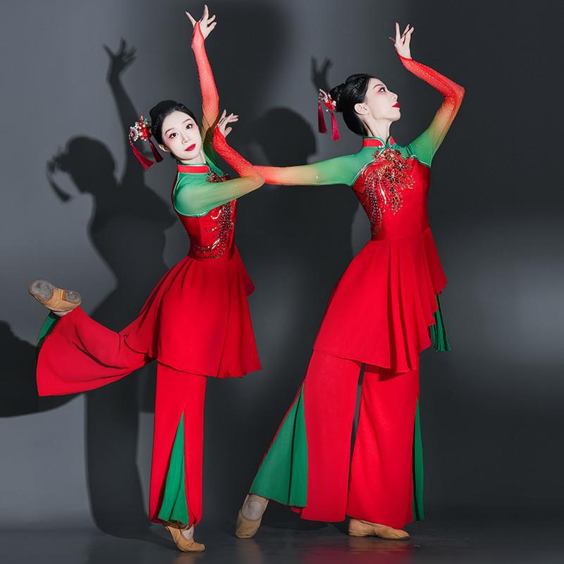 韩式胶州秧歌舞蹈服装腰鼓中国扇子舞女风艺考红色演出服新款手绢