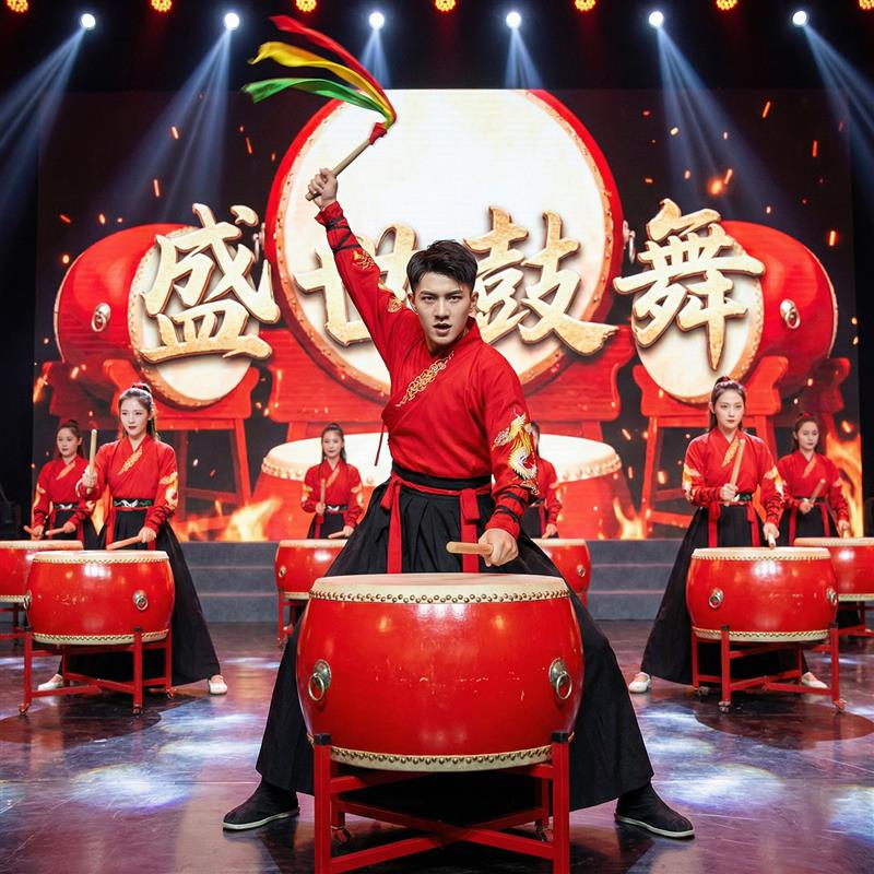 韩式2026新款雪龙吟中国侠客打鼓舞蹈演出男女服装成人风鼓舞红色
