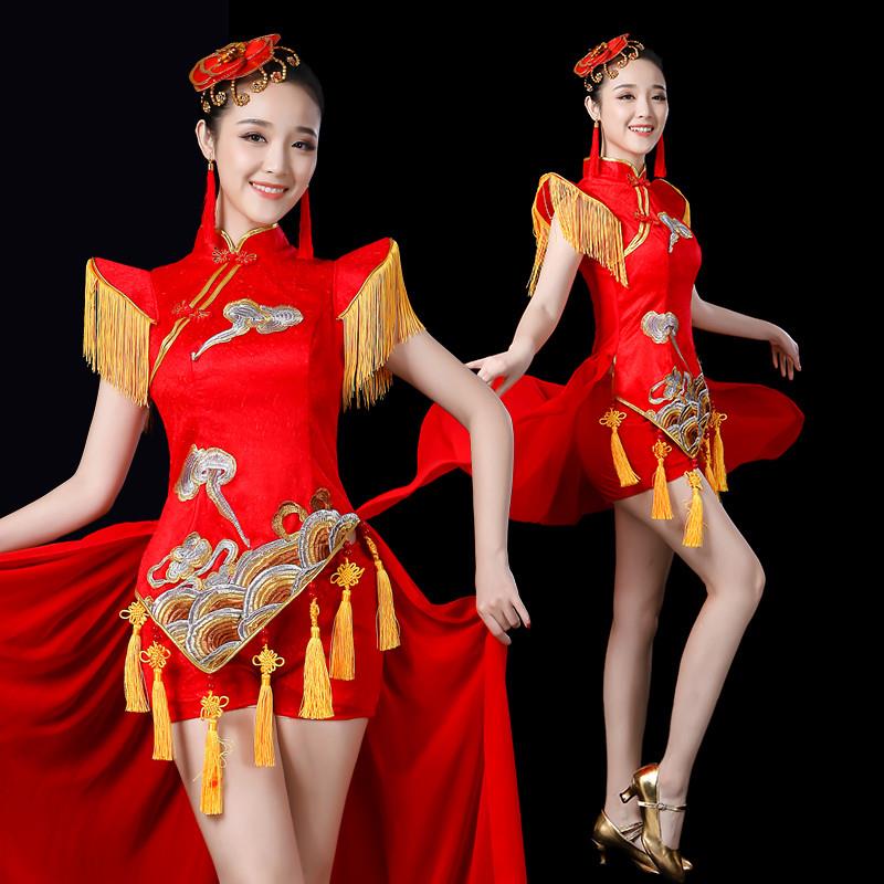 韩式扇子舞服装2026新款中国风旗袍水鼓打鼓舞蹈服装腰鼓演出服女