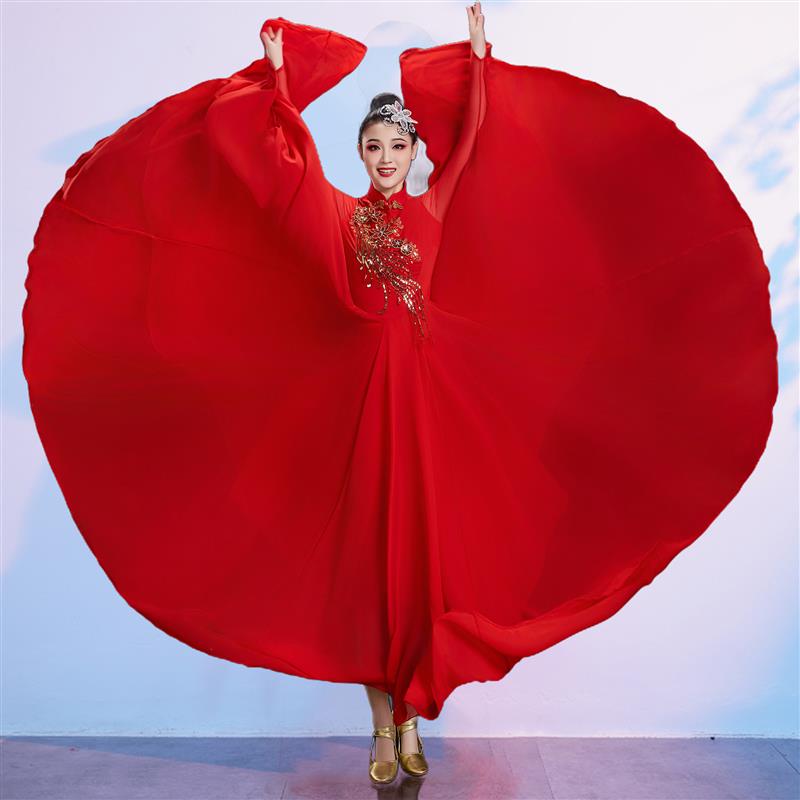 韩式连衣裙度红色中国开场舞演出服我爱你大摆裙万疆舞蹈服720现图片