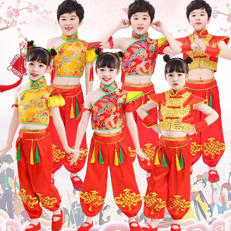 韩式儿童打鼓服装女童舞广场喜庆说唱服腰鼓中国红幼儿秧歌太平鼓