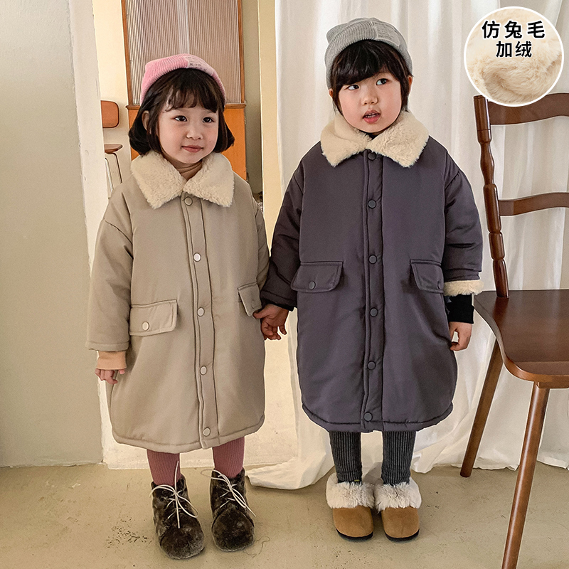 儿童棉衣中长款男童加绒仿兔毛加厚女童棉服2025冬装新款宝宝外套
