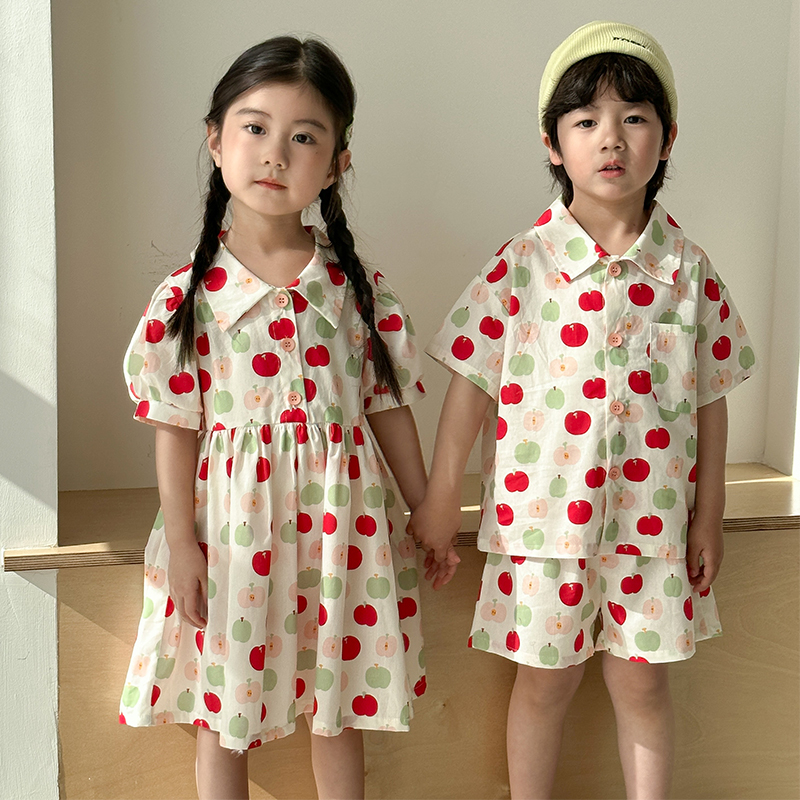 儿童夏季衬衫套装洋气纯棉男童2025新款宝宝女童短袖连衣裙兄妹装