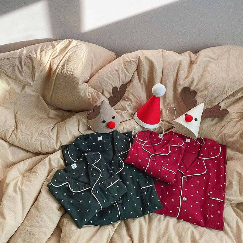 趣趣么么男女童纯棉磨毛波点睡衣