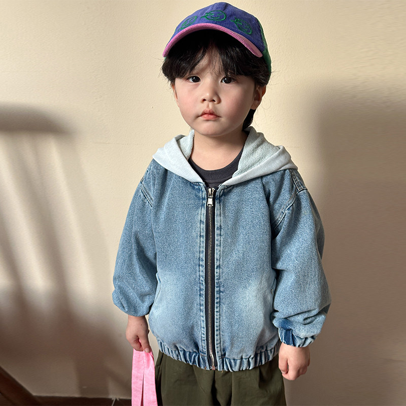 儿童牛仔外套连帽男童春装2025新款春秋季韩版宽松女童宝宝上衣服