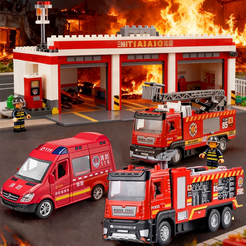 合金消防车队套装儿童云梯救援车