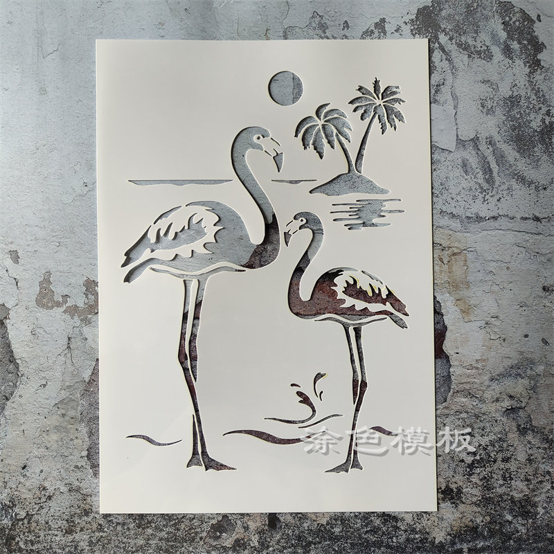 海滩火烈鸟 海边风景手绘DIY镂空画画模板神器墙绘喷漆涂鸦遮蔽