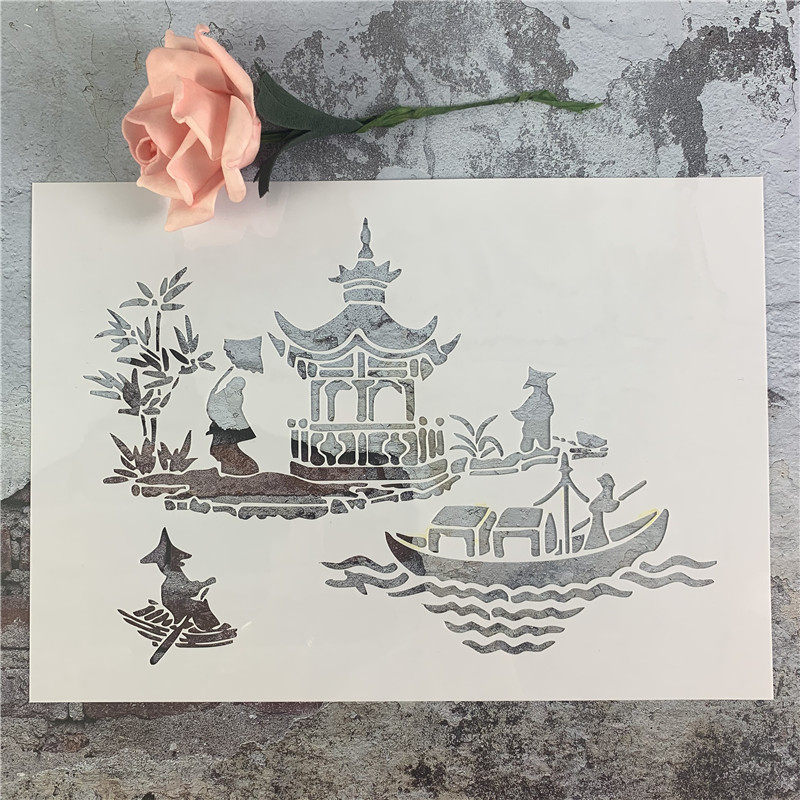 古风风景 亭子沙画创意画板涂鸦工具DIY镂空画模板墙绘手绘遮蔽板