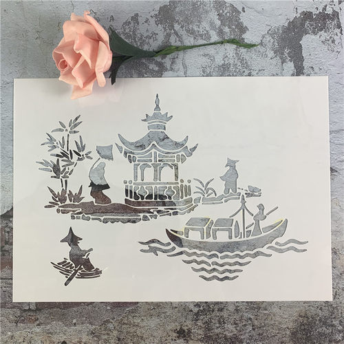 古风风景 亭子沙画创意画板涂鸦工具DIY镂空画模板墙绘手绘遮蔽板