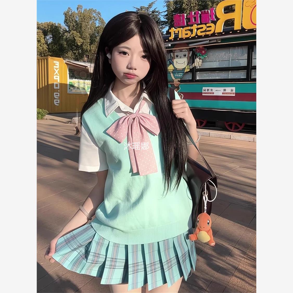jk制服薄荷绿格裙日系百褶裙JK