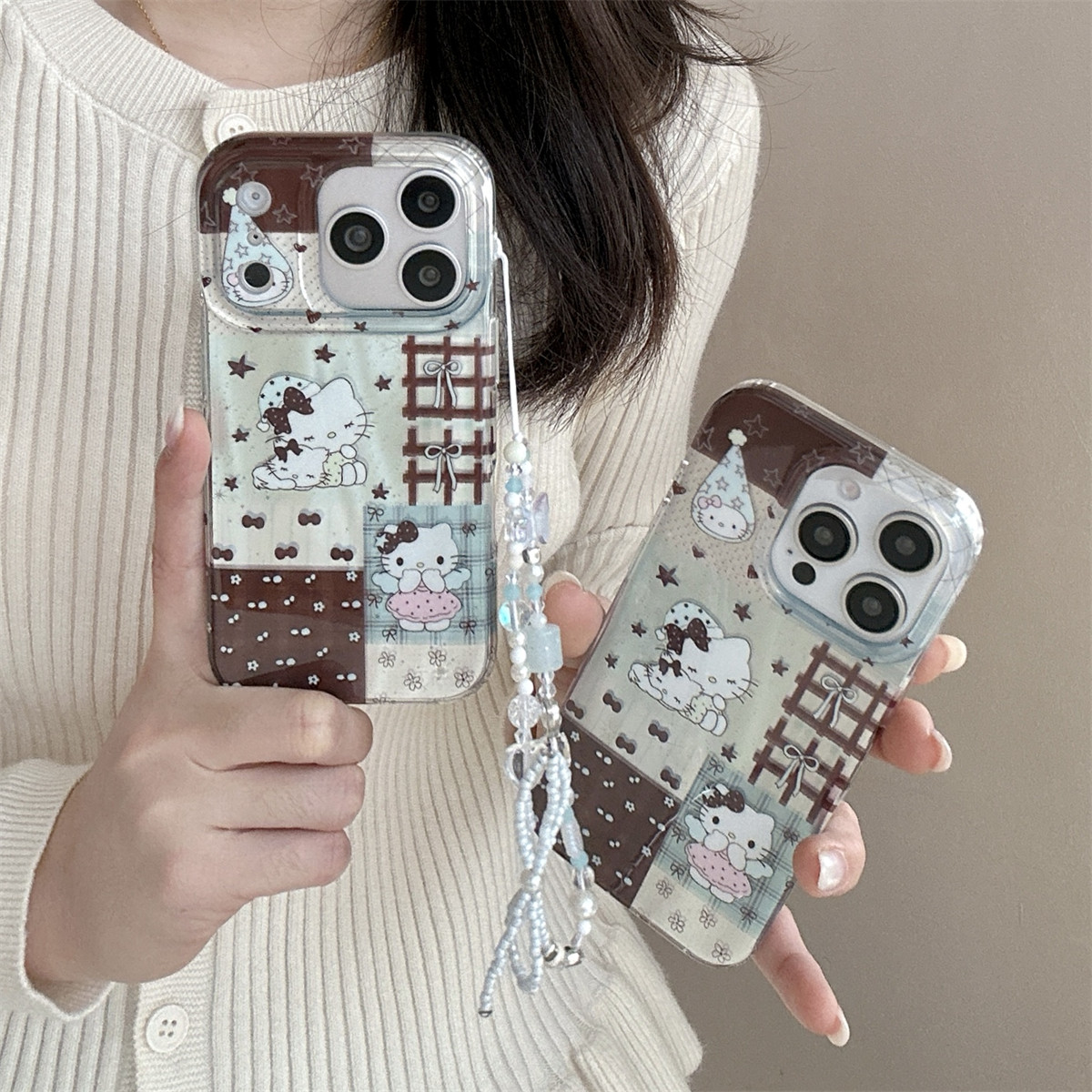 宏界 日韩小清新撞色拼接格纹睡帽Kitty猫适用苹果17ProMax手机壳iphone15新款16pro可爱款14pro防摔17保护套,淘宝优惠券,粉丝福利购,淘宝优惠卷