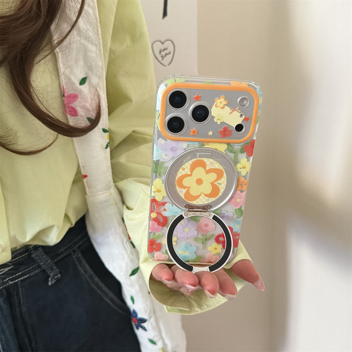宏界 春夏油画涂鸦彩色花朵旋转支架适用苹果17ProMax手机壳iphone17新款16pro硅胶17pro女款15pro防摔保护套