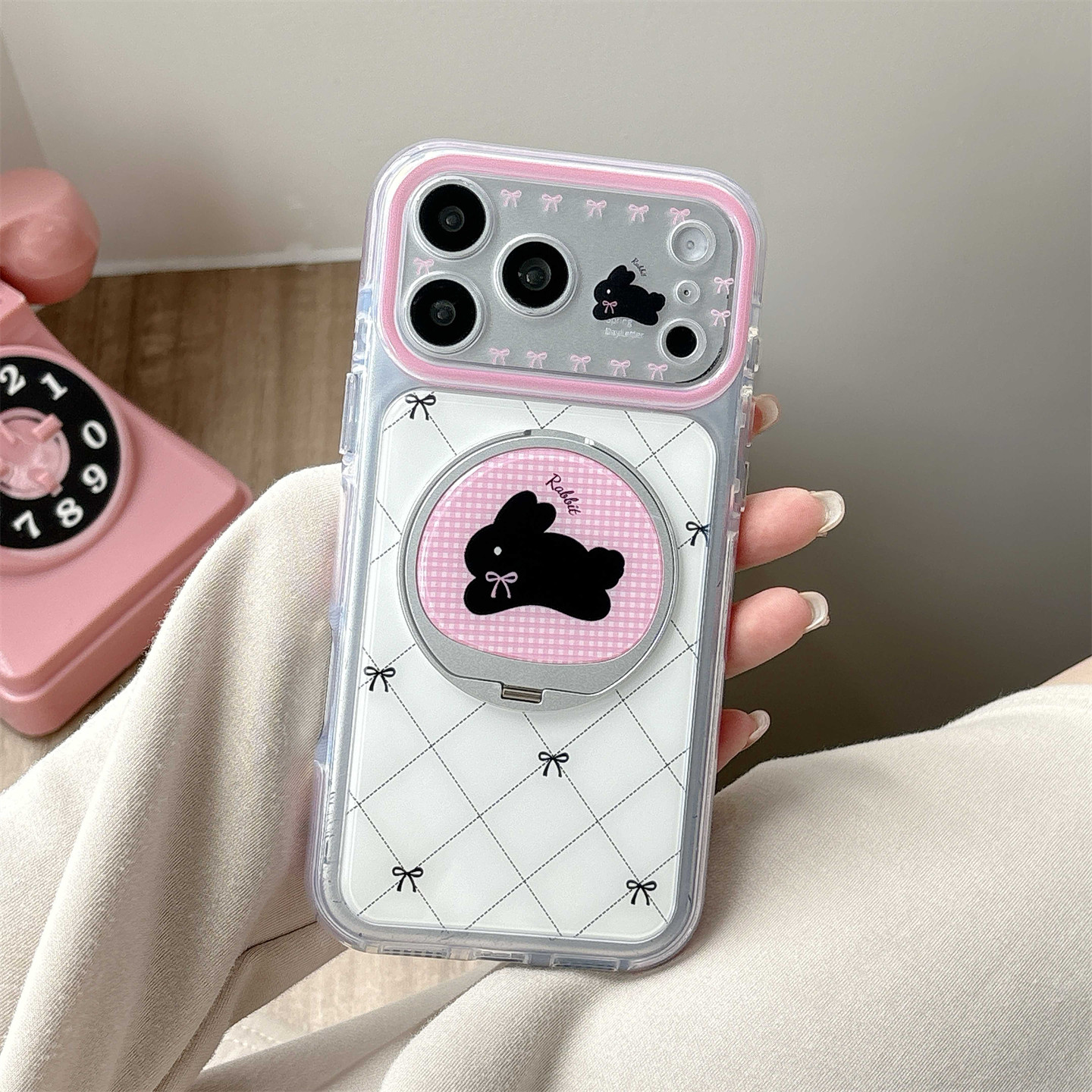 宏界 简约黑色线条菱格蝴蝶结兔子适用苹果17ProMax手机壳iphone15新款16pro镜面360支架15promax防摔保护套
