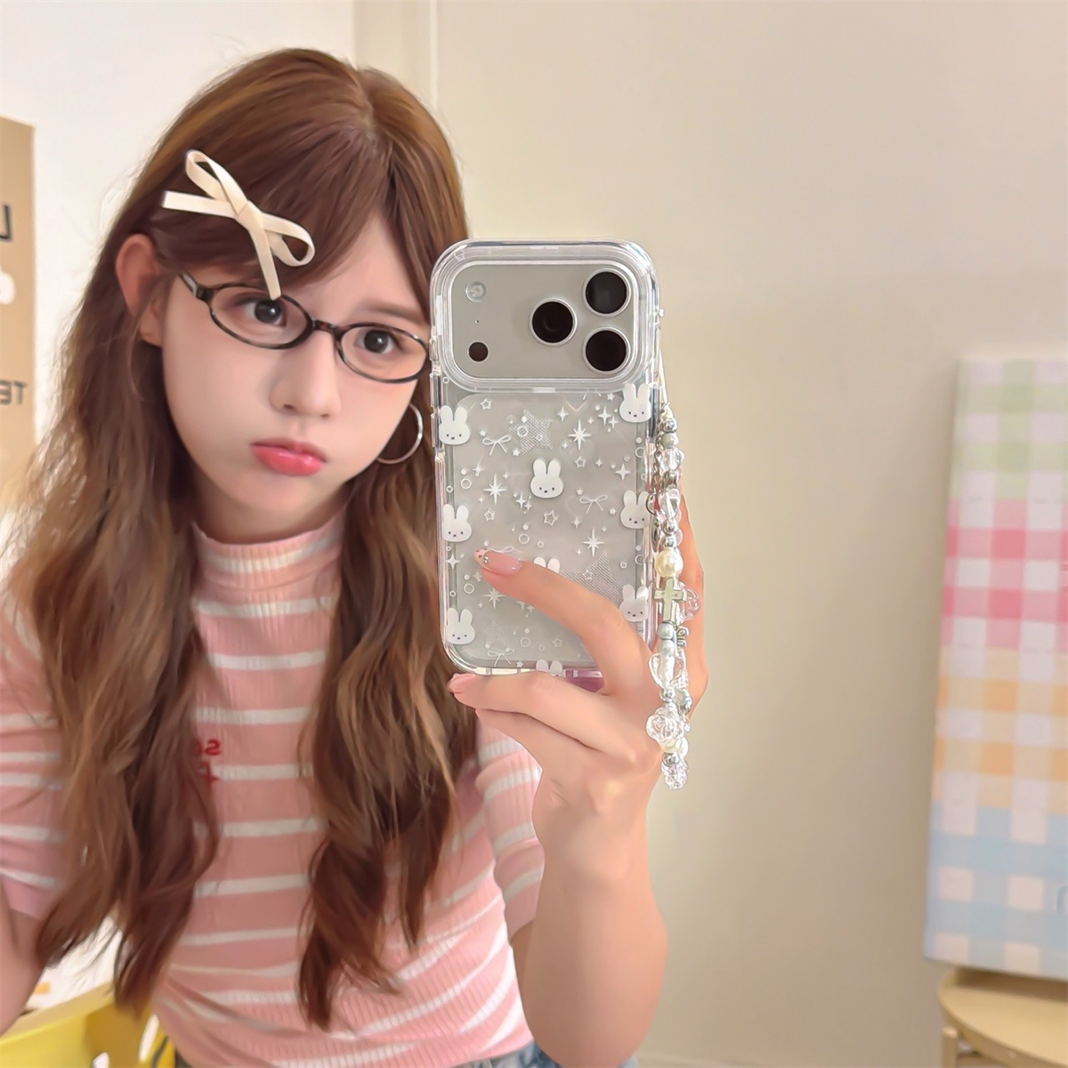 宏界 高级感镭射爱心可爱米菲兔链条适用苹果17ProMax手机壳iphone15新款16pro硅胶13女款14pro防摔17保护套