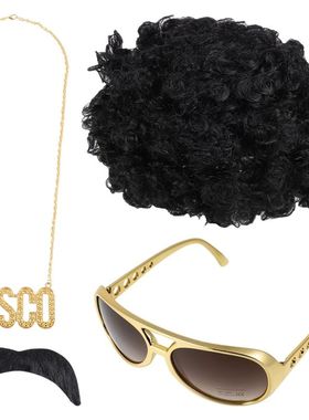 Disco Hip Hop Costume Set Funky Afro Wig  Sunglasses Mustach