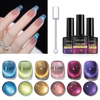 6pcs Cat Eye Gel Nail Polish Set, Reflective Magnetic Gel