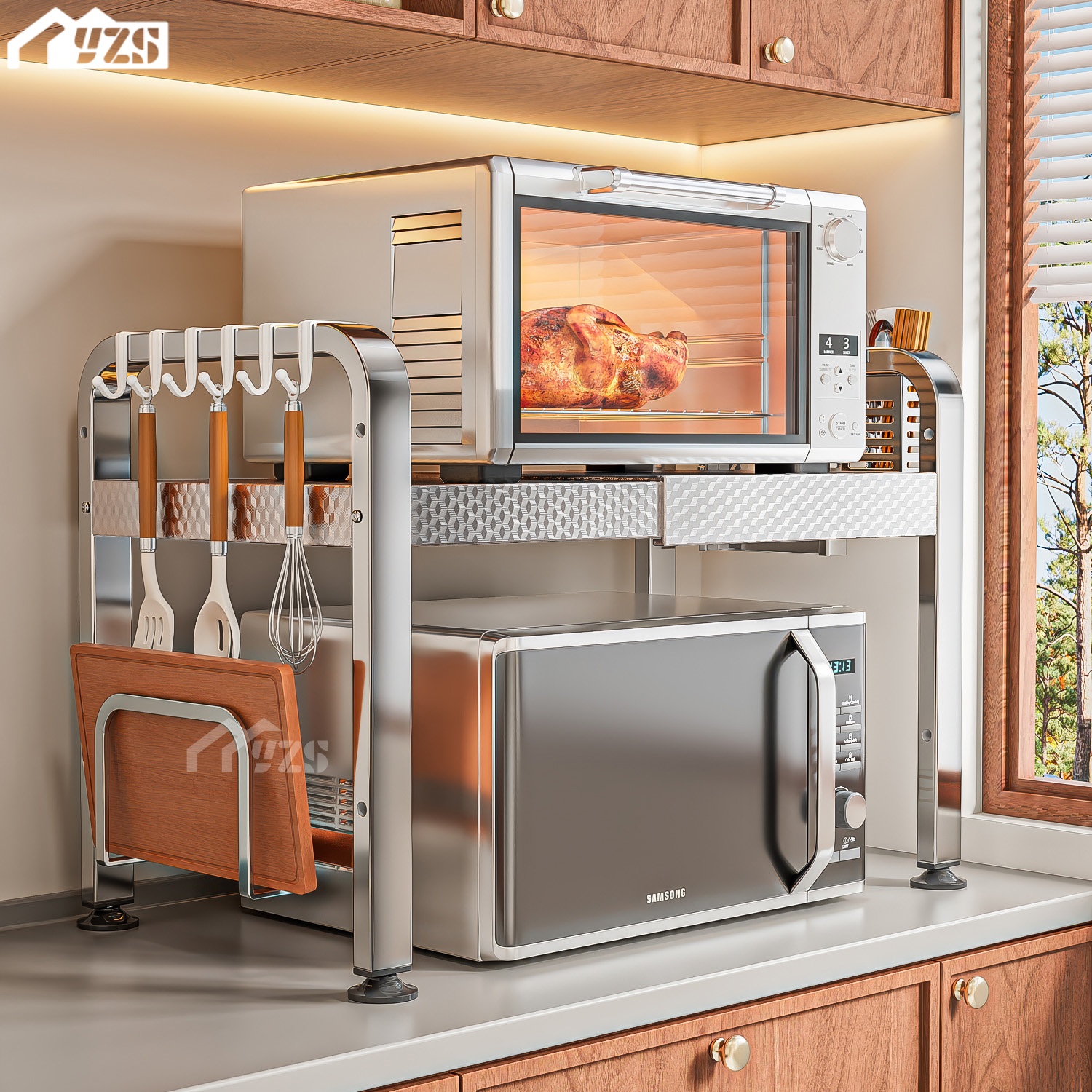 不锈钢厨房微波炉置物架台面多功能家用加粗加厚伸缩多功能烤箱架