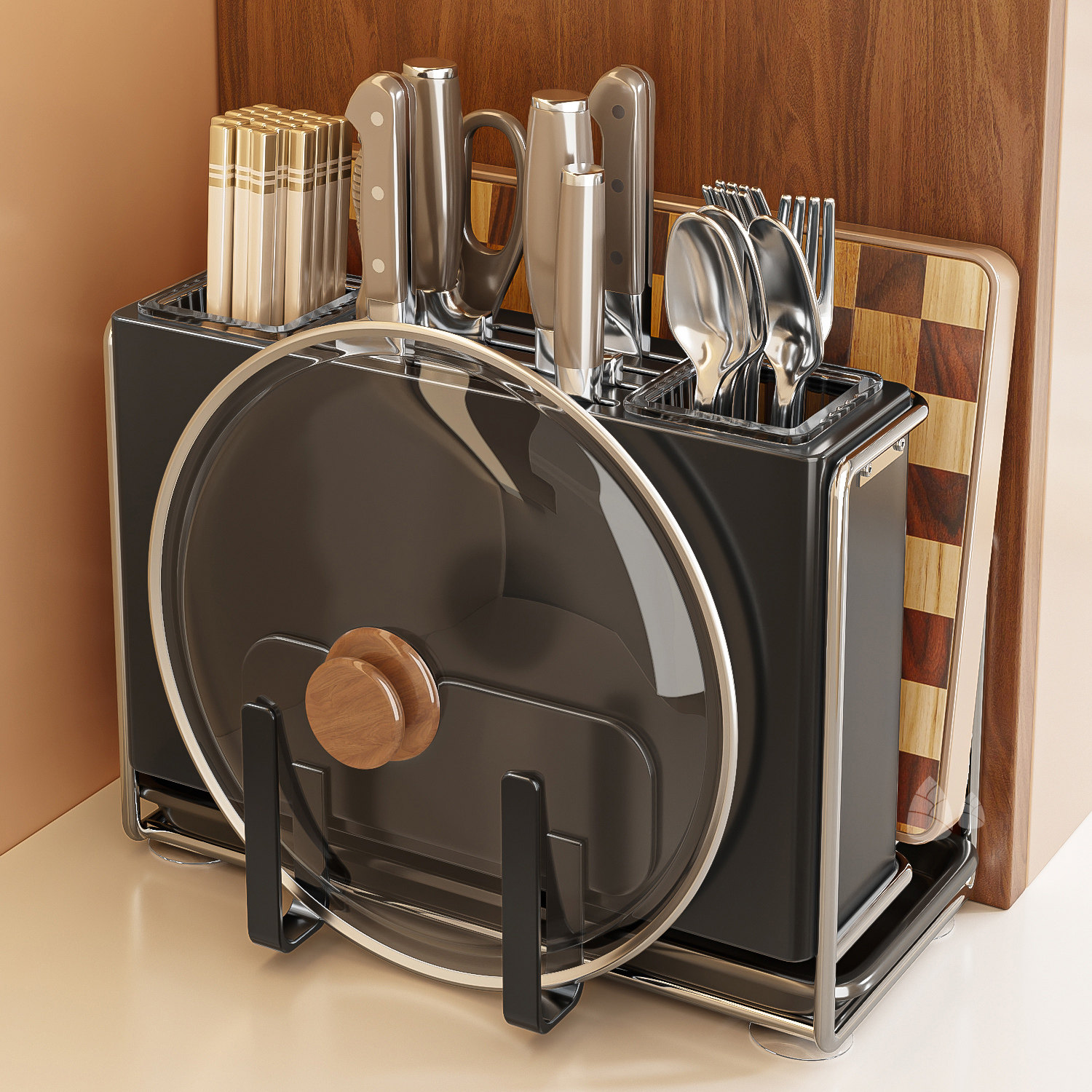 厨房多功能刀架厨房台面置物架刀具菜刀筷子砧板锅盖一体收纳架子