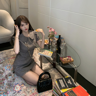 PickRui睿哥 中古洋娃娃小香风双排扣连衣裙女新款气质短裙直筒裙