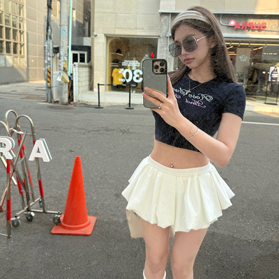 PickRui 睿哥 梦幻芭蕾 白色蓬蓬花苞半身裙女夏季新款低腰褶皱裙