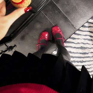 玛丽珍鞋 PickRui睿哥 女 平底鞋 小皮鞋 蝴蝶结红色系带单鞋 春夏新款