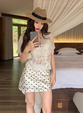 PickRui睿哥 俏皮法式波点缎面裙夏季新款高腰半身裙女包臀短裙