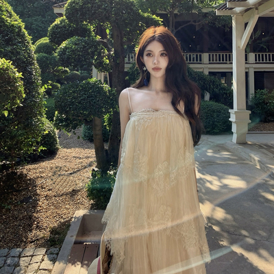 PickRui睿哥 明媚似我 夏季肌理褶皱蕾丝吊带裙女新款蛋糕裙长裙
