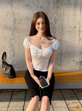 PickRui睿哥 白栀茉莉设计感方领花苞袖T恤女夏季短上衣新款韩系